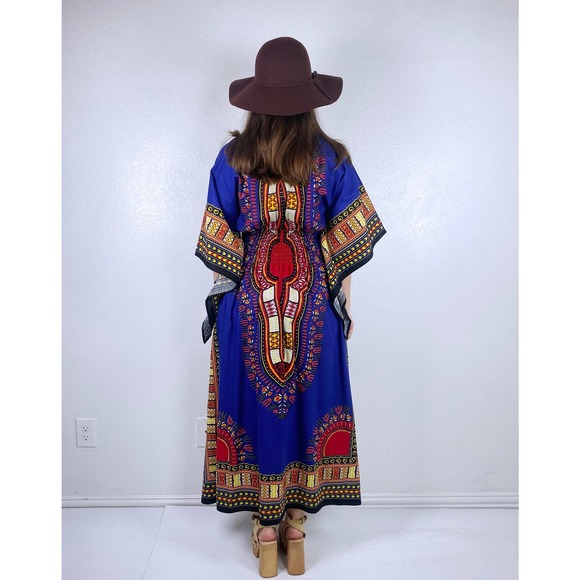 vintage 70s Royal Blue ANGEL SLEEVE DASHIKI s/m/l maxi dress ethnic kaftan bold - Picture 10 of 10